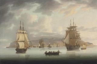 Thomas Buttersworth - Funchal Roadstead, H.M.S. Blenheim with Greyhound and Harrier Outward Bound, 1805