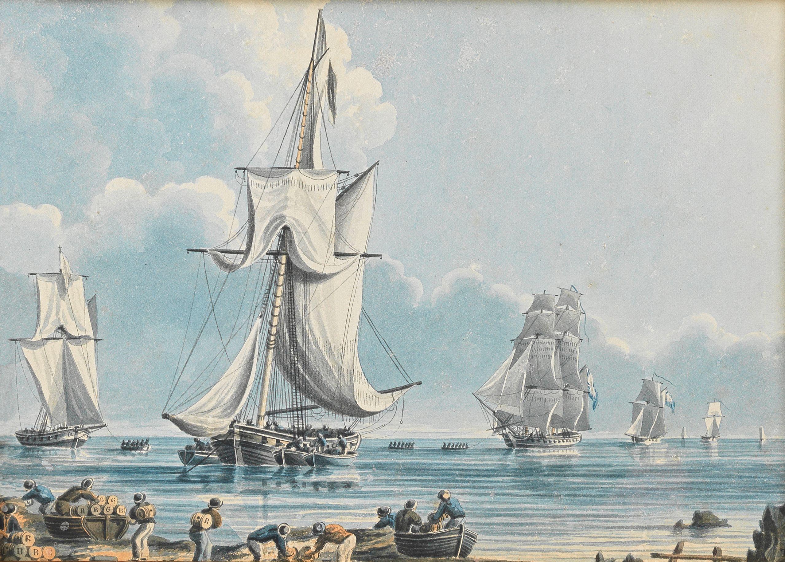 Thomas Buttersworth - Loading cutters inshore to victual the fleet; A heavily armed naval cutter outrunning other small vessels of the fleet, a pair