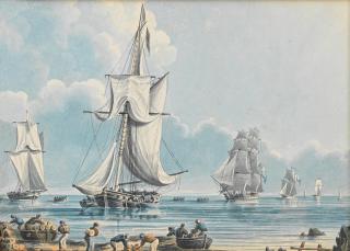 Thomas Buttersworth - Loading cutters inshore to victual the fleet; A heavily armed naval cutter outrunning other small vessels of the fleet, a pair