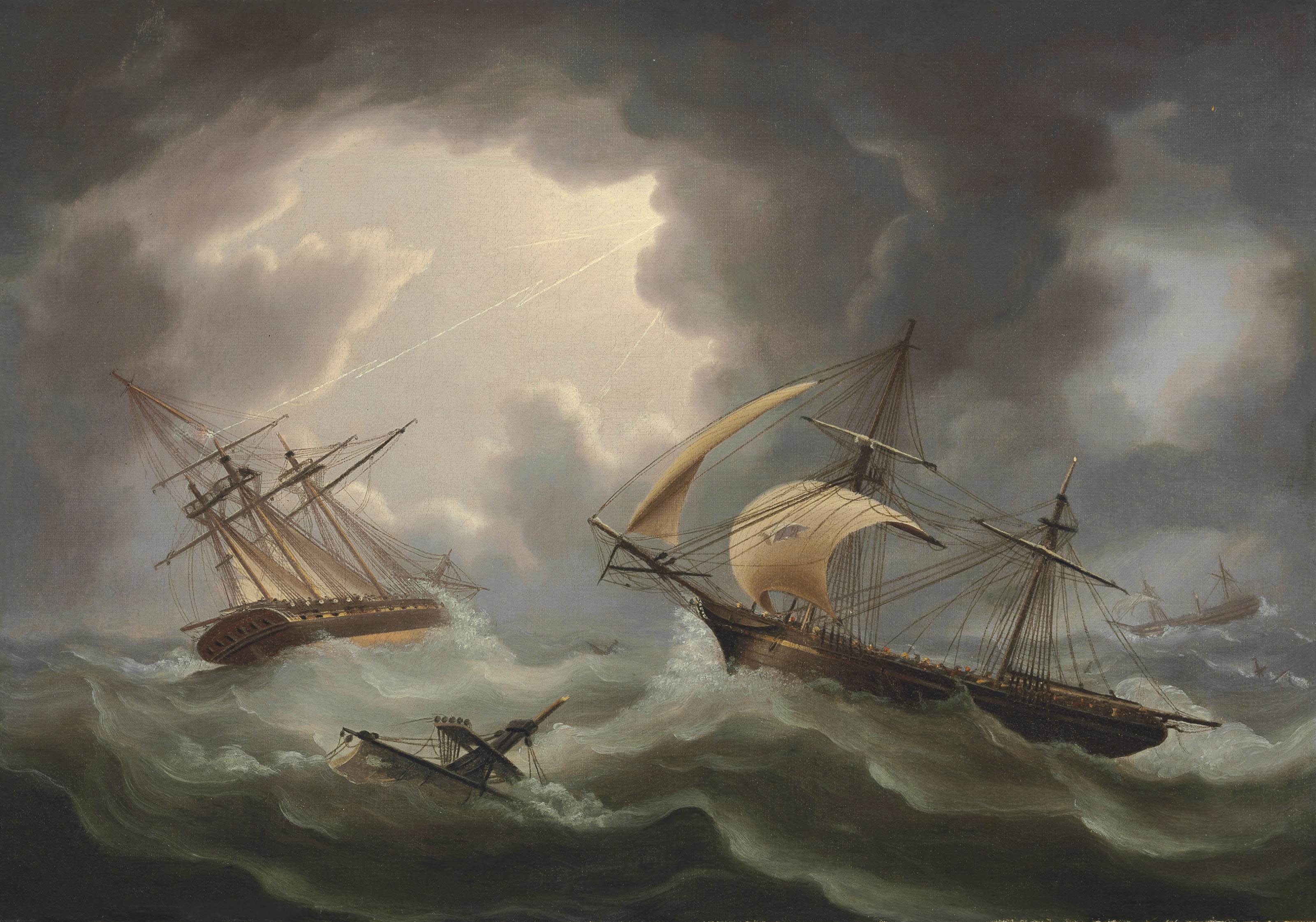 Thomas Buttersworth - Loss of H.M.S.\'s Blenheim and Java in a Hurricane off Rodriguez; the Brig Harrier Escaping, February 1807