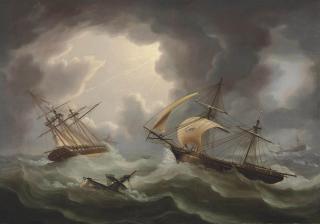 Thomas Buttersworth - Loss of H.M.S.\'s Blenheim and Java in a Hurricane off Rodriguez; the Brig Harrier Escaping, February 1807