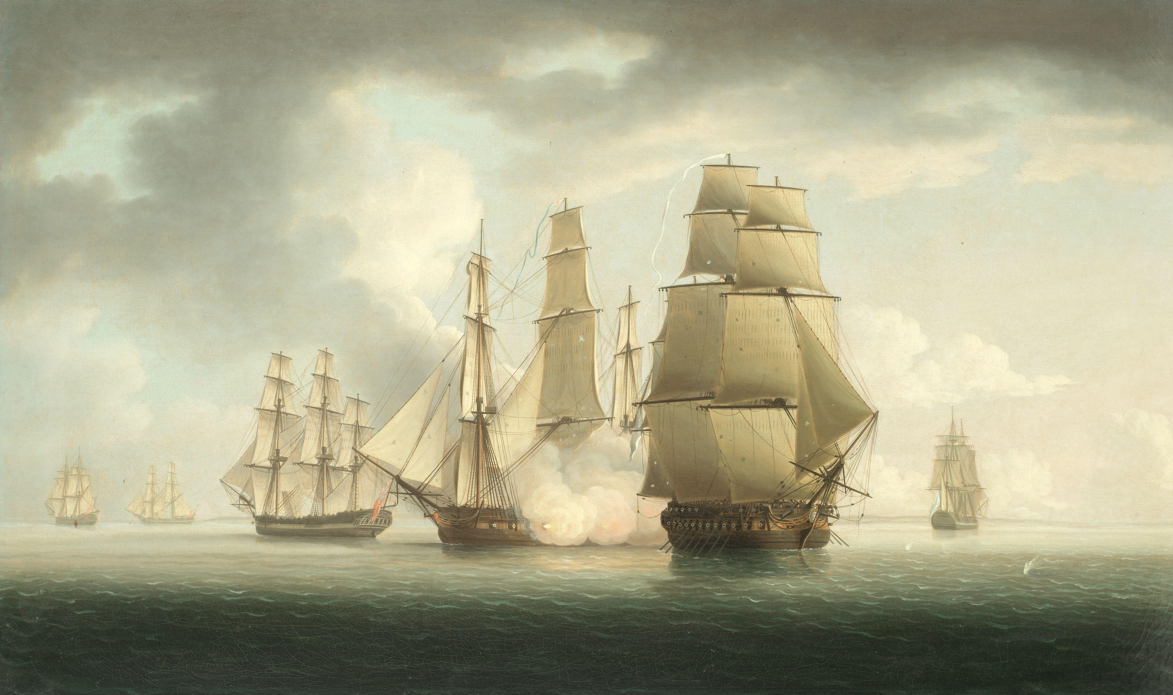 Thomas Buttersworth - The Bristol privateer Caesar, 20-guns, Captain Valentine Baker, under attack by a French frigate of 32-guns whilst escorting a convoy nearing home on 27th June 1782 a pair each 53.4 x 88.9cm (21 x 35in). (2)
