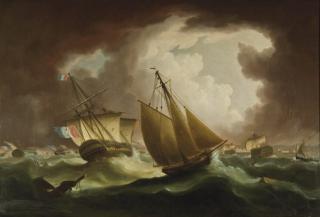 Thomas Buttersworth - The Royal Navy armed cutter Entreprenante shadowing the remnants of the Franco-Spanish fleet as it runs into Cadiz after the disastrous defeat at Trafalgar