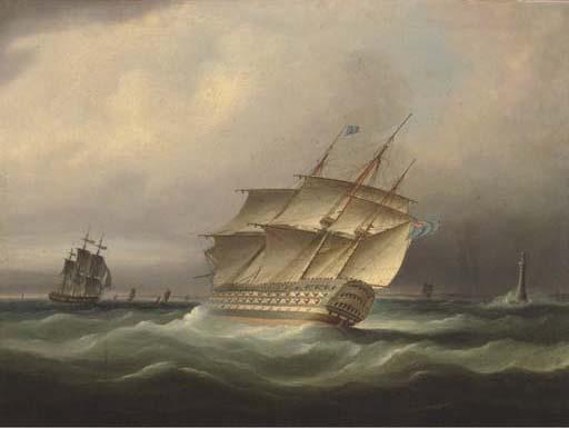 Thomas Butterworth, Sen. - H.M.S. Britannia bearing away down the Channel and passing the Eddystone lighthouse