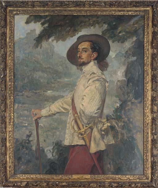 Thomas Cantrell Dugdale, R.A. - Portrait of a gentleman, three-quarter-length, in a white doublet and red breeches, in a landscape