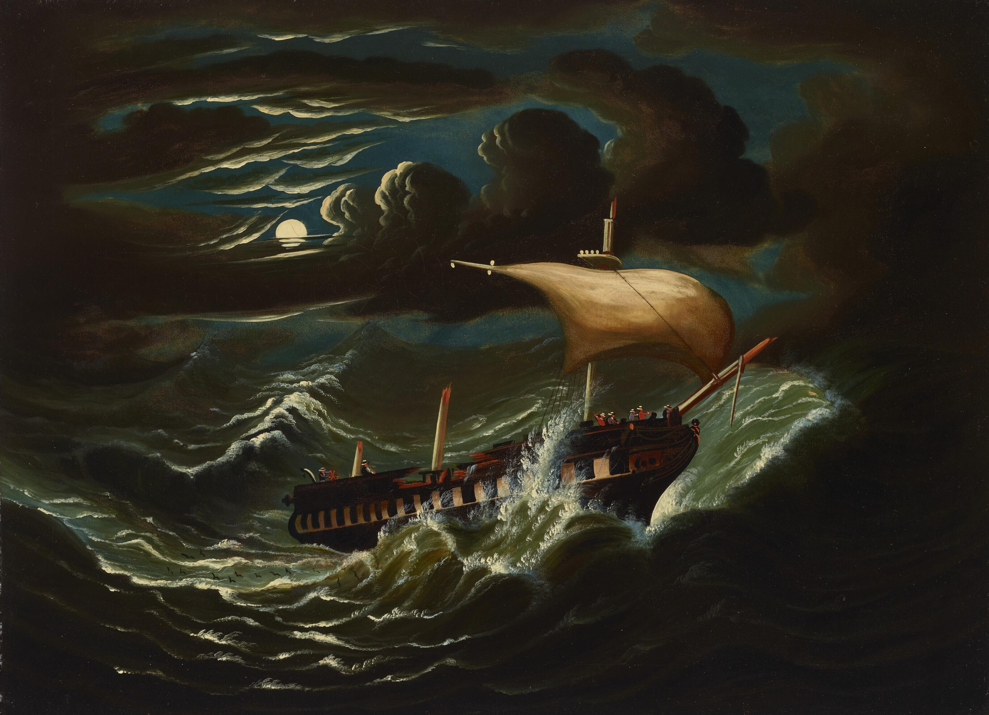 Thomas Chambers - Storm-Tossed Frigate In Moonlight