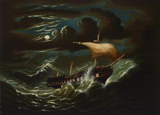 Thomas Chambers - Storm-Tossed Frigate In Moonlight