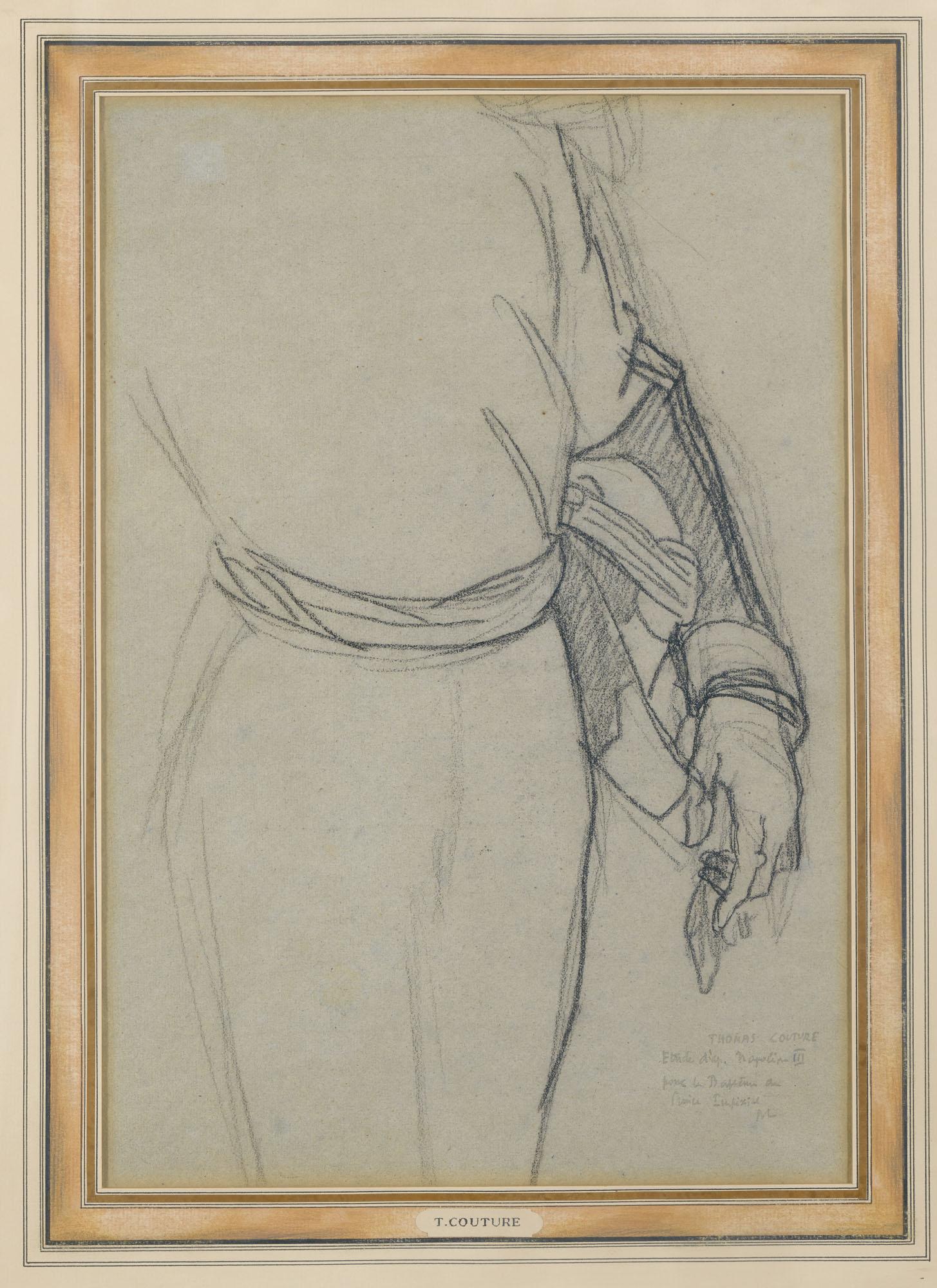 Thomas Couture - Etude pour la figure de Napoléon III debout avec sa ceinture et son épée (recto); Etude d\'un bras gauche tenant un gant et un tricorne (verso)