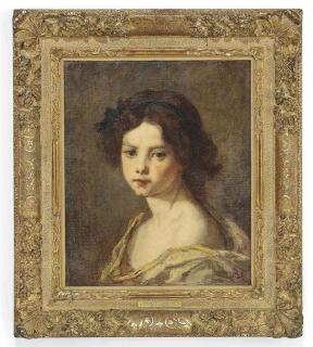 Thomas Couture - Portrait of a girl, head and shoulders, ribbon in her hair with a yellow warp around her shoulders