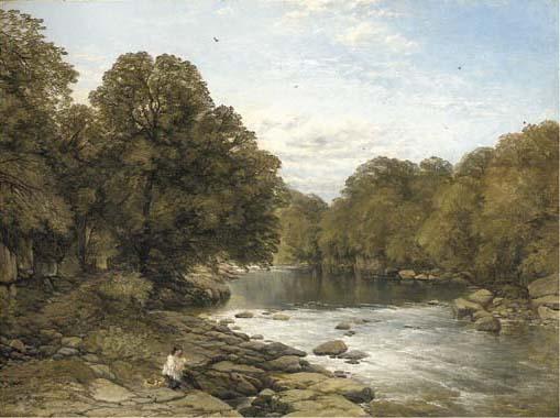 Thomas Creswick, R.A. - A wooded river landscape with a mother and child seated on the bank