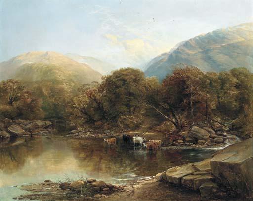 Thomas Creswick, R.A. - \'Afternoon\': Cattle Watering By A Lake In A Mountainous Landscape