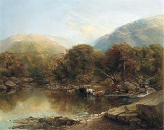 Thomas Creswick, R.A. - \'Afternoon\': Cattle Watering By A Lake In A Mountainous Landscape