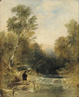 Thomas Creswick, R.A. - An angler on the bank of a rocky river