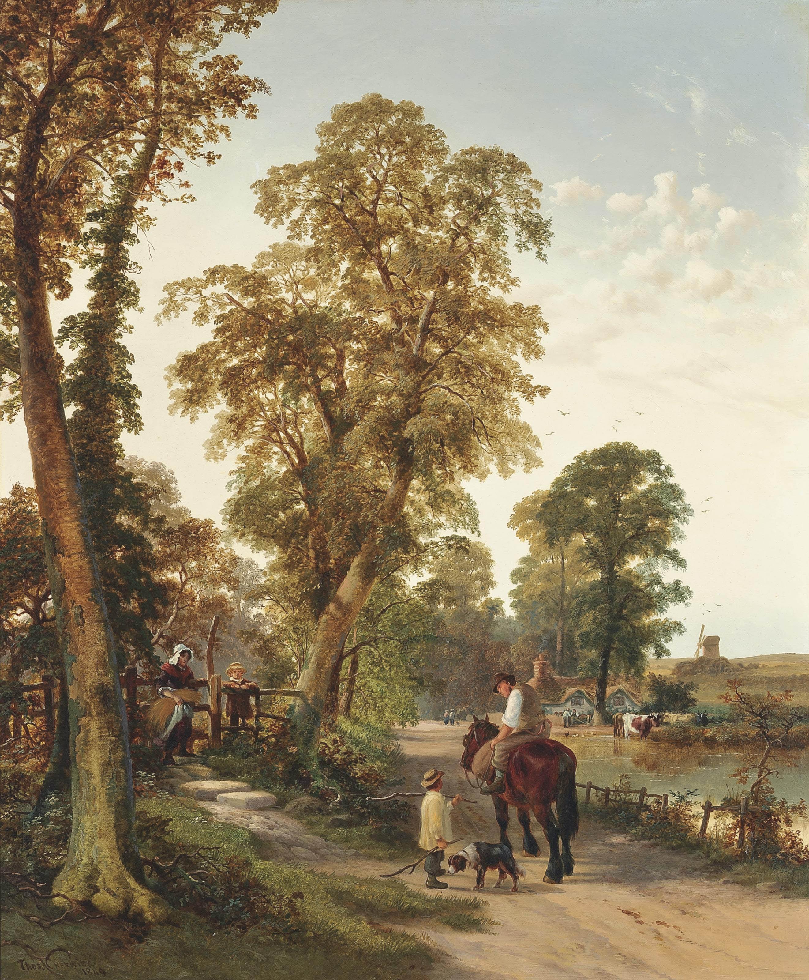 Thomas Creswick, R.A. - Figures and animals on along a river bank, a cottage and windmill beyond