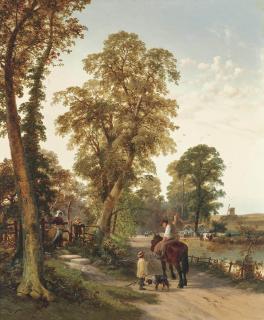 Thomas Creswick, R.A. - Figures and animals on along a river bank, a cottage and windmill beyond