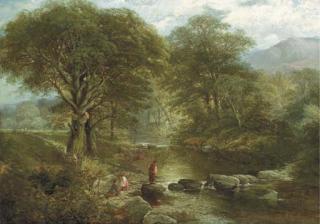 Thomas Creswick, R.A. - Figures By A River In The Woods