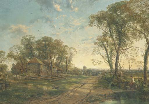 Thomas Creswick, R.A. - View in Surrey, with figures and a dog by a barn, a church tower beyond