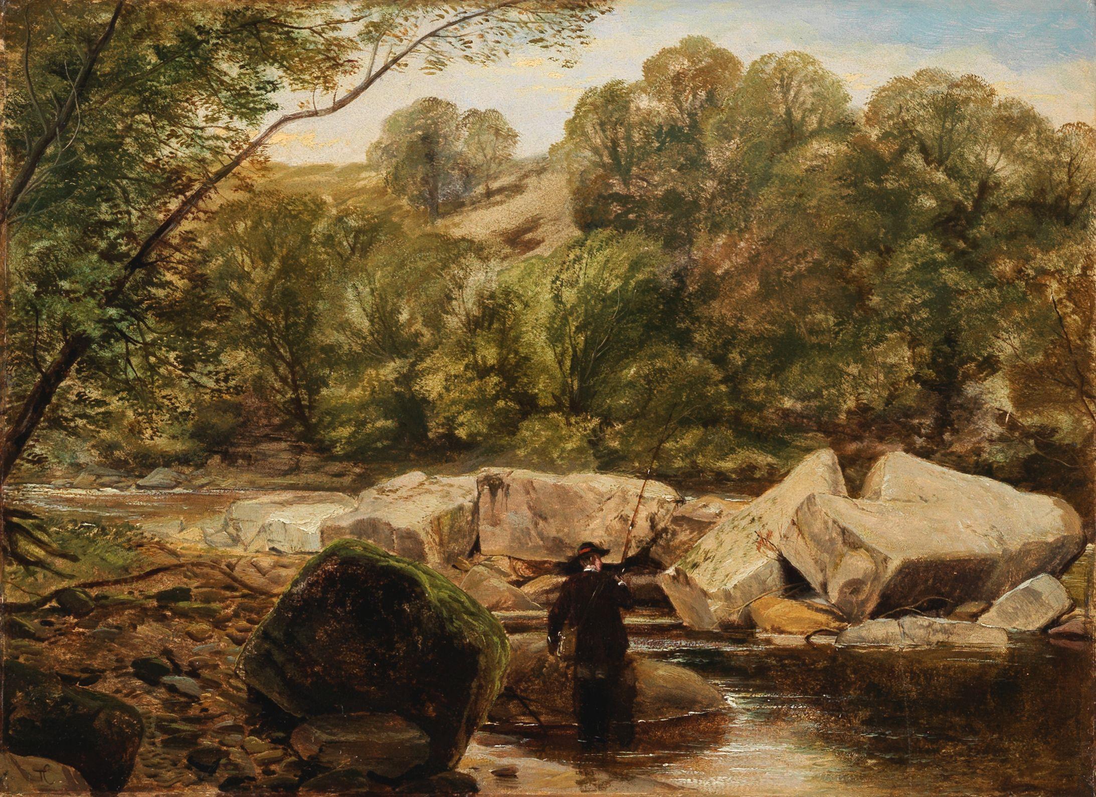Thomas Creswick, RA - A Fisherman Wading In A Rocky River