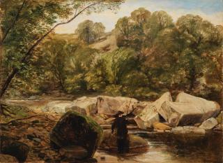 Thomas Creswick, RA - A Fisherman Wading In A Rocky River
