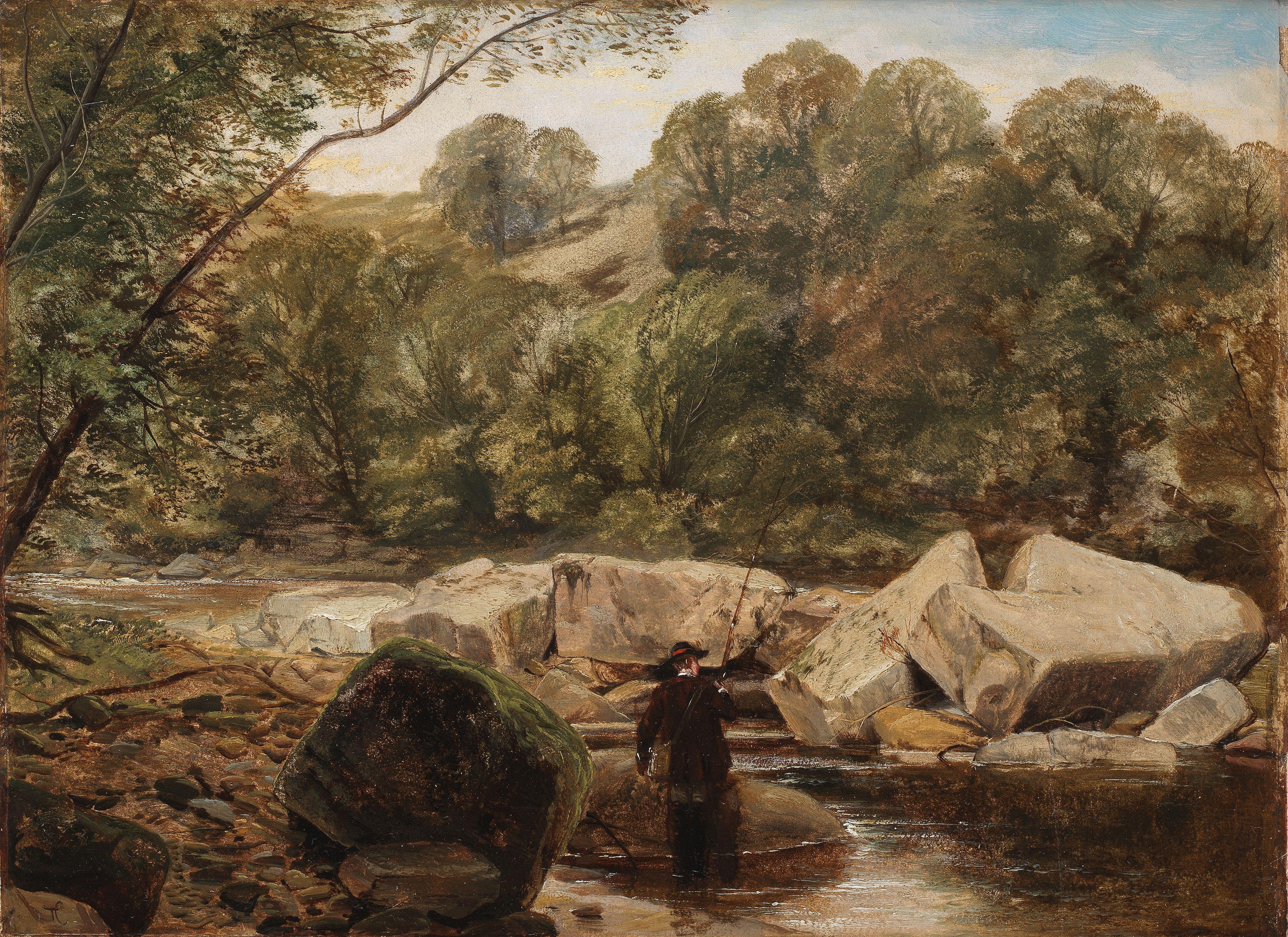 Thomas Creswick, RA - A fisherman wading in a rocky river