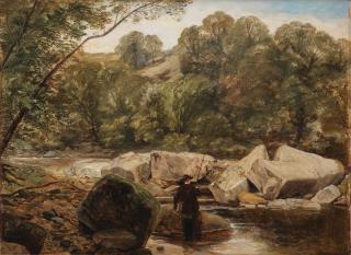 Thomas Creswick, RA - A fisherman wading in a rocky river