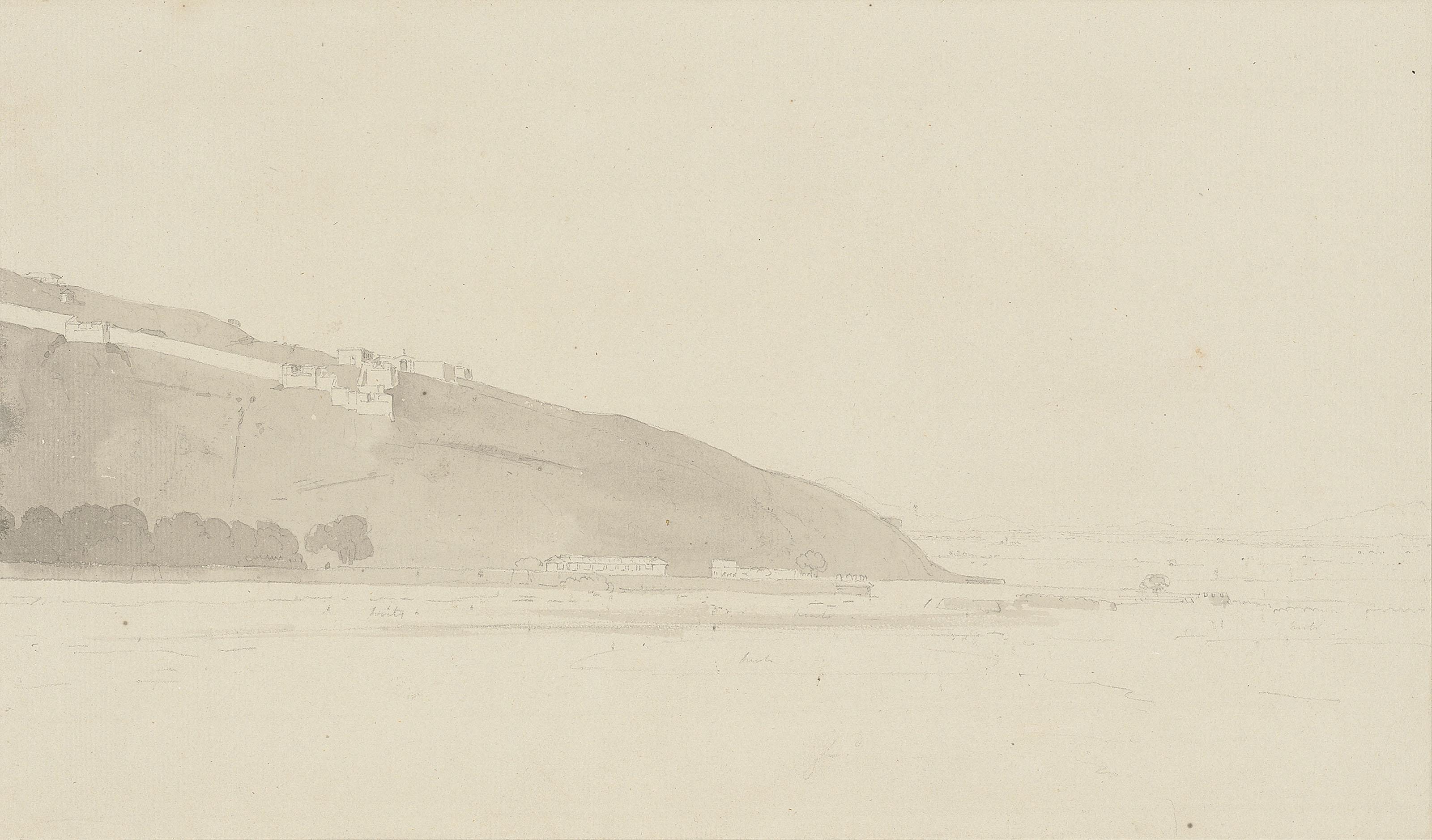 Thomas Daniell, R.A. - Seven Chinese drawings: \'Sort of Plantin in Mr Robuck\'s garden E[nglish]. Factory - Canton\'; \'Paac Sha Sum(?)\'; \'92 near Ji..ira Dungeon(?)\'; \'N.54 Half way Pagoda - near Canton River\'; \'near Watering Place 2nd Bar\'; \'Watering Place 2nd Bar China\'; and [F