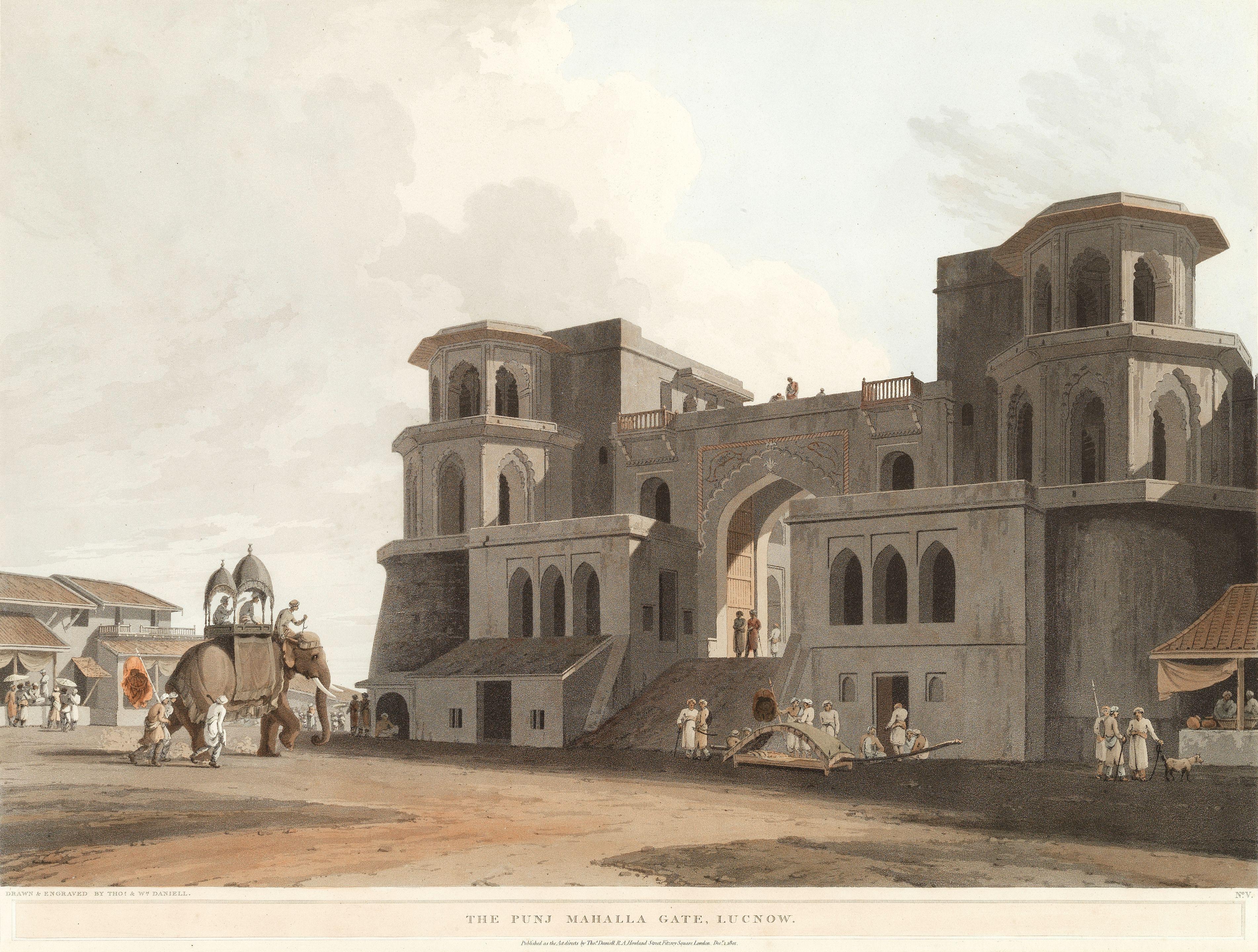 Thomas Daniell, RA - \'The Punj Mahalla Gate, Lucknow\' Hand-Coloured Aquatint