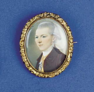 Thomas Day - A young gentleman, facing left in brown coat and pale orange waistcoat, lace cravat, powdered wig en queue