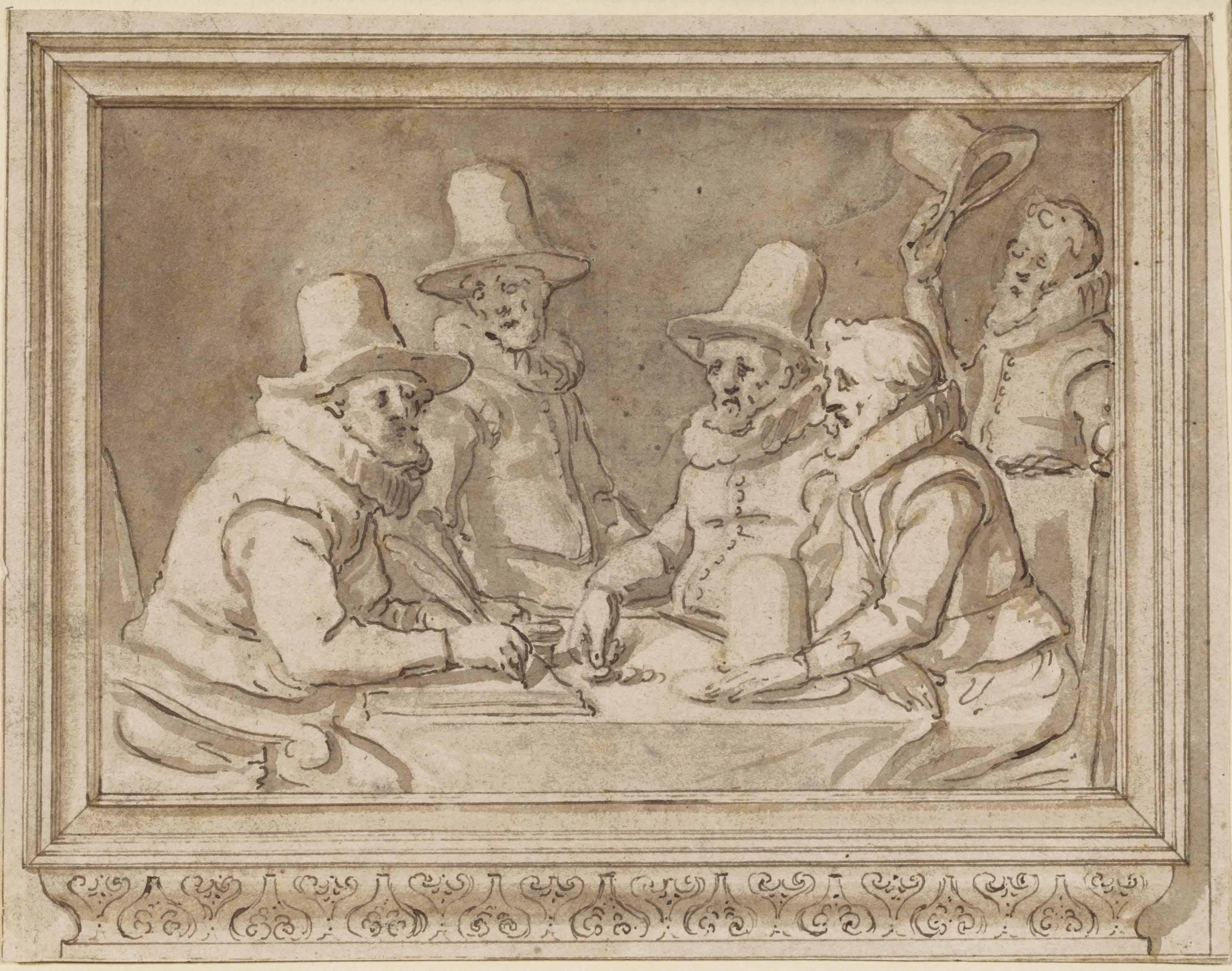 Thomas de Keijzer - Five Men Seated At A Table, With Payment Being Noted In A Ledger, Set Within A Decorative Frame