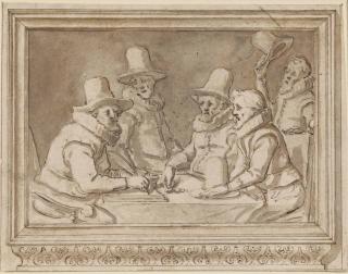 Thomas de Keijzer - Five Men Seated At A Table, With Payment Being Noted In A Ledger, Set Within A Decorative Frame