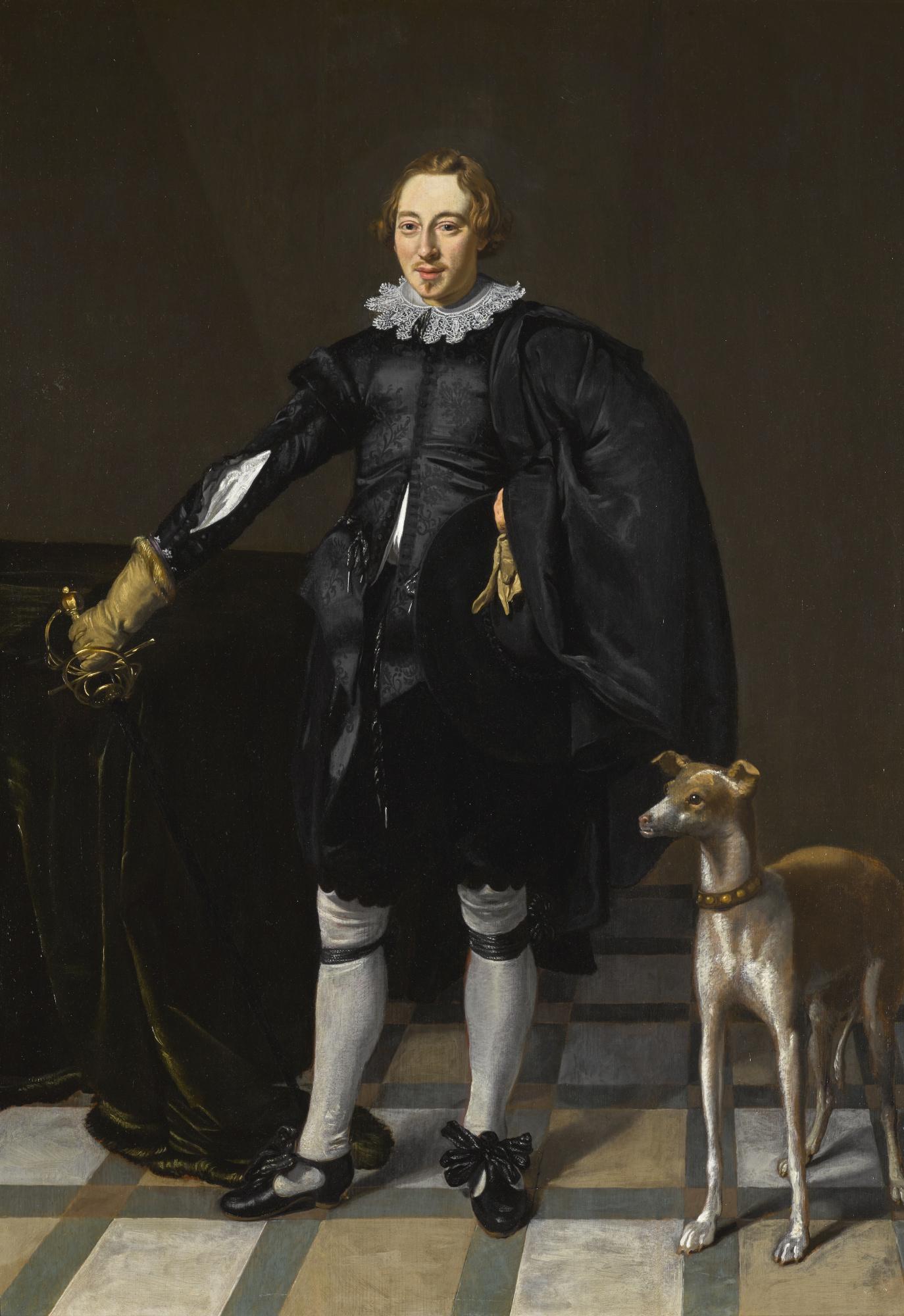 Thomas de Keyser - Portrait Of A Gentleman, Full-Length, Holding His Sword And A Hat, With A Dog In An Interior