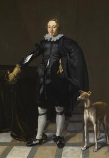 Thomas de Keyser - Portrait Of A Gentleman, Full-Length, Holding His Sword And A Hat, With A Dog In An Interior