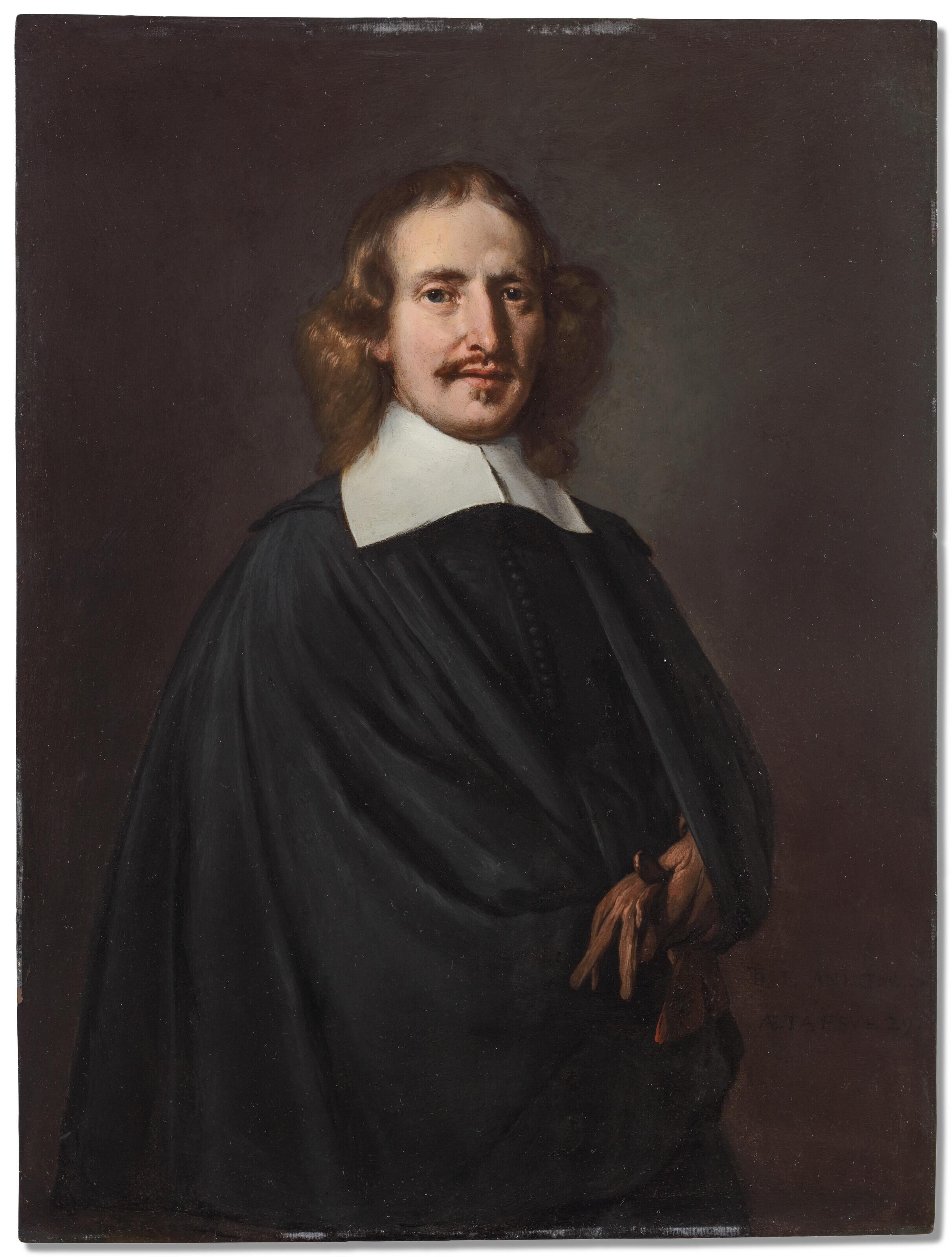 Thomas De Keyser - Portrait of a gentleman, three-quarter-length, in a black costume with a white collar, holding a glove