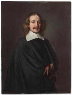 Thomas De Keyser - Portrait of a gentleman, three-quarter-length, in a black costume with a white collar, holding a glove