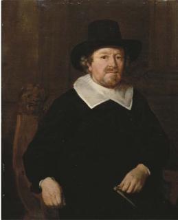 Thomas de Keyser - Portrait of A Gentleman, Three-Quarter-Length, In A Black Costume With White Collar And Black Hat, Seated With A Compass In His Left Hand
