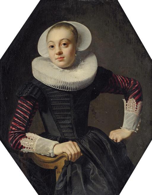 Thomas De Keyser - Portrait Of A Lady, Seated Three-Quarter-Length, In A Black Dress With Red Slashed Sleeves, Lace Cuffs And A Ruff