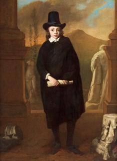 Thomas de Keyser - Portrait of a young man, full-length, in a black costume and har, standing amongst classic sculptures