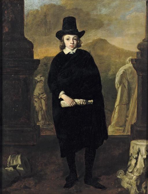 Thomas De Keyser - Portrait of a young man, full-length, in a black costume and hat, standing amongst classical sulpture, a landscape beyond