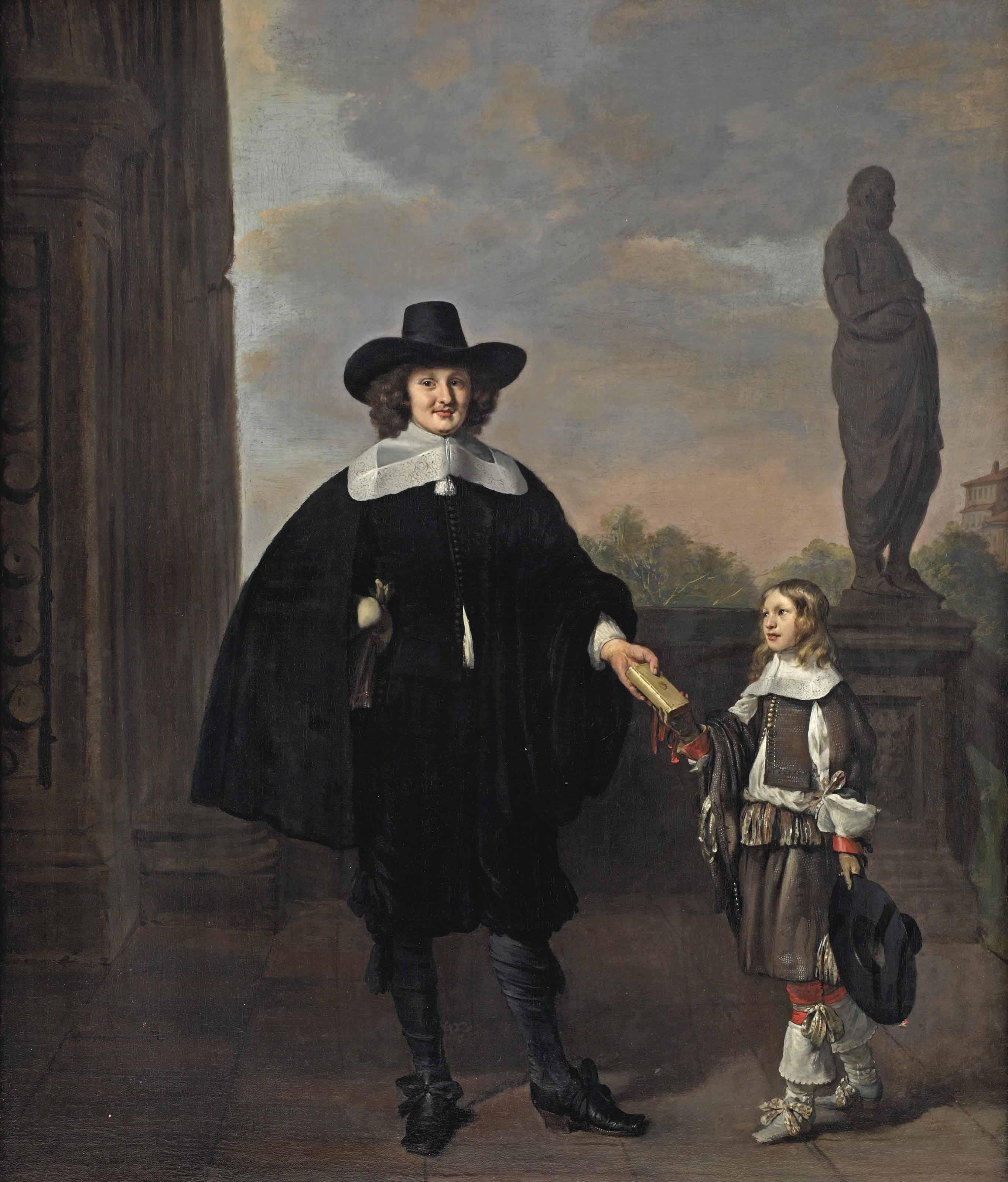 Thomas de Keyser - Portrait of Frederick van Velthuysen (d. 1658) and his son Dirck (1651-1716), full-length, in an Italianate park landscape with a sculpture of Homer