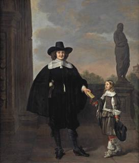 Thomas de Keyser - Portrait of Frederick van Velthuysen (d. 1658) and his son Dirck (1651-1716), full-length, in an Italianate park landscape with a sculpture of Homer