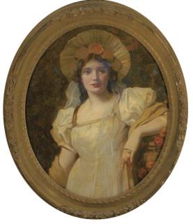 Thomas Edwin Mostyn, R.O.I., R.W.A., R.C.A. - Portrait of a lady, bust-length, in a cream dress and bonnet