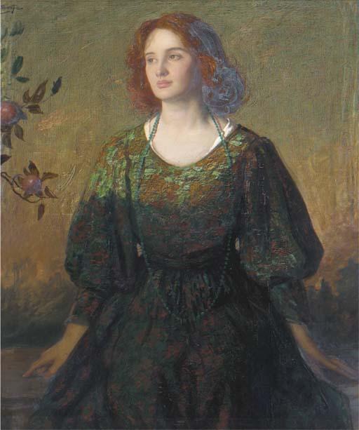 Thomas Edwin Mostyn, R.O.I., R.W.A., R.C.A. - Portrait of a lady, three-quarter-length, in a green and gold dress