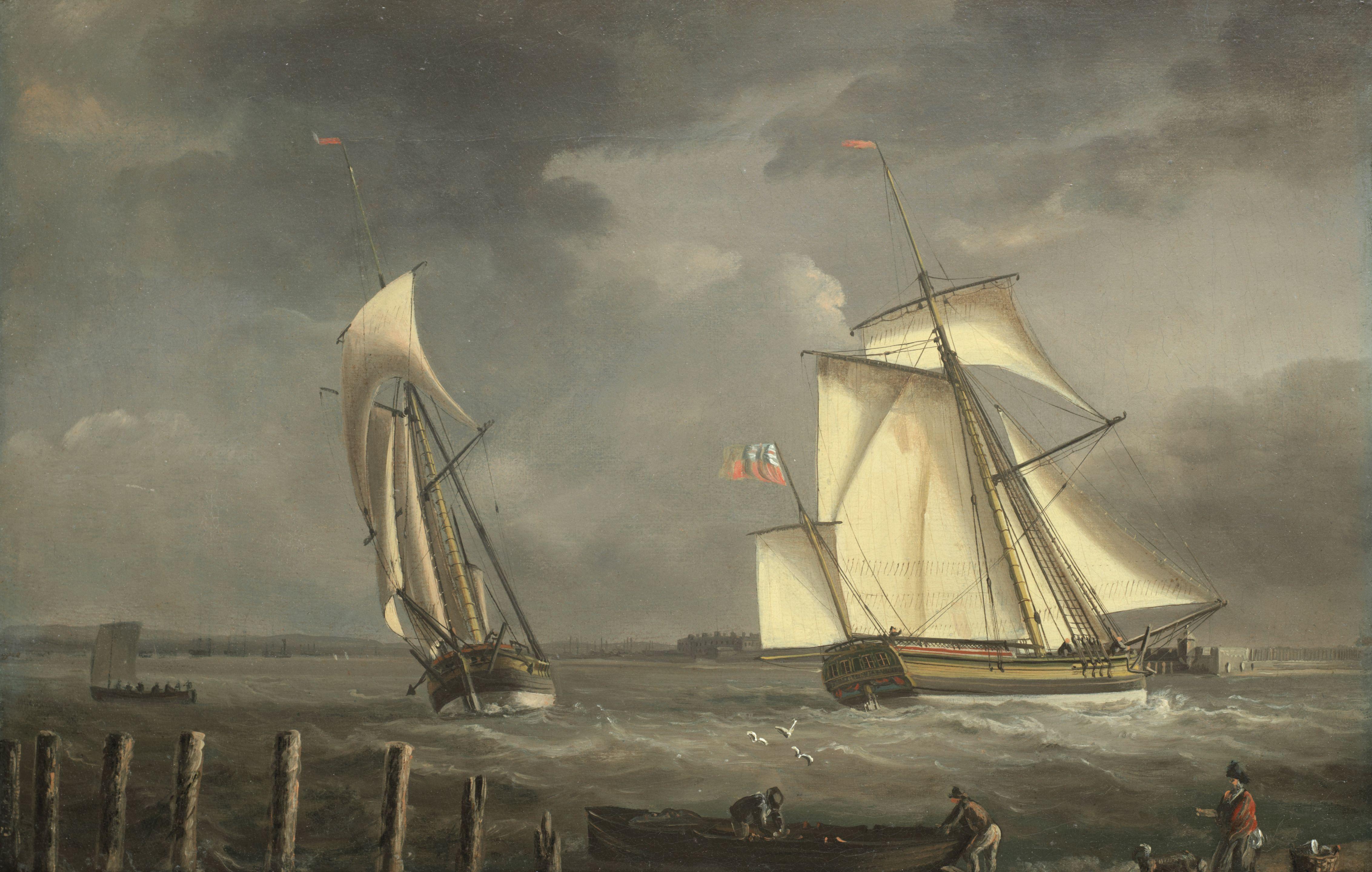 Thomas Elliot - Two big cutters manoeuvring off the coast