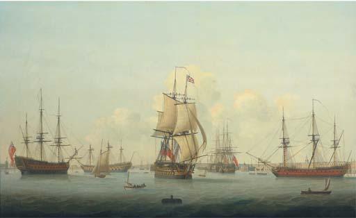 Thomas Elliott - A panorama of Portsmouth harbour, with a flagship of the Red Squadron making sail as she departs