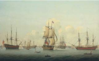 Thomas Elliott - A panorama of Portsmouth harbour, with a flagship of the Red Squadron making sail as she departs