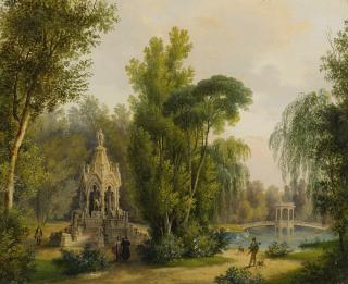 Thomas Ender - Austrian a Gothic Memorial In A Park, A Bridge And Lake Beyond