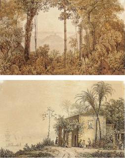 Thomas Ender - View overlooking Rio de Janeiro from the Tijuca forest; A mediterranean costal scene; An Italian landscape; and Lauterbrun Valley, Switzerland