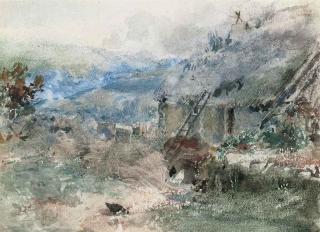 Thomas Faed, R.A., A.R.S.A. - Chickens scratching around outside a cottage