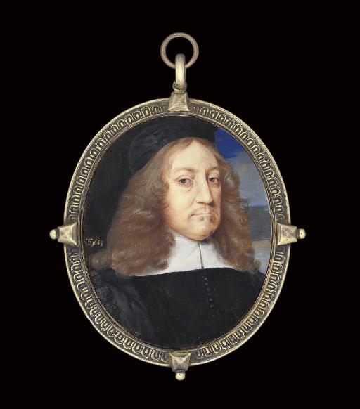 Thomas Flatman - Sir Geoffrey Palmer (1598-1670), Bt., Attorney General, in black robes, white lawn collar, black skull cap, long curling fair hair, moustache; pillar and sky background