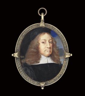 Thomas Flatman - Sir Geoffrey Palmer (1598-1670), Bt., Attorney General, in black robes, white lawn collar, black skull cap, long curling fair hair, moustache; pillar and sky background